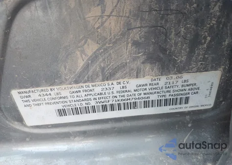 2006 Volkswagen Jetta 2.5 из США, поврежденный, VIN 3VWSF71K86M794068